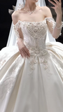 Off-the-shoulder Ball Gown White Wedding Dress with Applique Satin Bridal Dress Elegant Long-sleeved Bridal Gown HZ1024