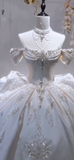 Off-the-shoulder Ball Gown White Wedding Dress Satin Beaded Bridal Dress Elegant Bridal Gown HZ1024