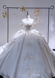Off-the-shoulder Ball Gown White Wedding Dress Satin Beaded Bridal Dress Elegant Bridal Gown HZ1024