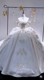 Off-the-shoulder Ball Gown White Wedding Dress Satin Beaded Bridal Dress Elegant Bridal Gown HZ1024