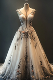 V-neck Ball Gown White Wedding Dress Tulle Applique Bridal Dress Elegant Bridal Gown HZ1024