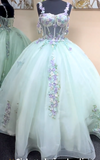 Light Green Ball Gown Spaghetti Straps Quinceanera Dress Tulle Applique Sweet 16 Dress HZ1024