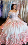 Off-the-shoulder Ball Gown White Quinceanera Dress Tulle Applique Sweet 16 Dress HZ1024