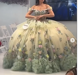 Off-the-shoulder Ball Gown Long Prom Dress Green Tulle Applique Quinceanera Dress Sweet 16 Dress HZ1024
