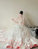 Strapless Wedding Dresses A-Line Lace Bridal Gowns Sleeveless White/Pink Bridal Dresses HZ1024