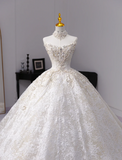 Strapless Ball Gown Lace Wedding Dresses Beaded Bridal Gowns White Sleeveless Bridal Dresses HZ1024