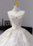 Strapless Ball Gown Lace Wedding Dresses Beaded Bridal Gowns White Sleeveless Bridal Dresses HZ1024