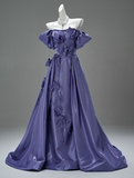 Off-the-shoulder A-Line Long Prom Dress Satin Applique Purple Formal Evening Dress Glam Graduation Dress HZ1024