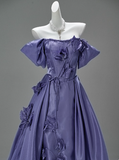 Off-the-shoulder A-Line Long Prom Dress Satin Applique Purple Formal Evening Dress Glam Graduation Dress HZ1024