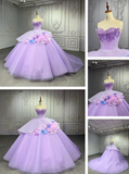 Strapless Ball Gown Tulle Long Prom Dresses Beaded Purple Quinceanera Dresses Sweet 16 Dress HZ1024
