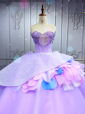 Strapless Ball Gown Tulle Long Prom Dresses Beaded Purple Quinceanera Dresses Sweet 16 Dress HZ1024