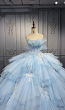 Strapless Ball Gown Tiered Tulle Long Prom Dresses Applique Light Blue Quinceanera Dresses Sleeveless Sweet 16 Dress HZ1024