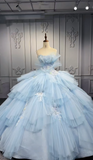 Strapless Ball Gown Tiered Tulle Long Prom Dresses Applique Light Blue Quinceanera Dresses Sleeveless Sweet 16 Dress HZ1024
