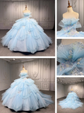 Strapless Ball Gown Tiered Tulle Long Prom Dresses Applique Light Blue Quinceanera Dresses Sleeveless Sweet 16 Dress HZ1024