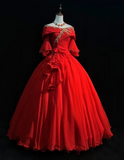 Off-the-shoulder Ball Gown Beaded Chiffon Long Prom Dresses Red Quinceanera Dresses Long Sleeve Sweet 16 Dress HZ1024