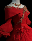 Off-the-shoulder Ball Gown Beaded Chiffon Long Prom Dresses Red Quinceanera Dresses Long Sleeve Sweet 16 Dress HZ1024