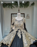 Jewel Ball Gown Applique Satin Long Prom Dresses Black Quinceanera Dresses Long Sleeve Sweet 16 Dress HZ1024