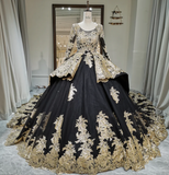 Jewel Ball Gown Applique Satin Long Prom Dresses Black Quinceanera Dresses Long Sleeve Sweet 16 Dress HZ1024