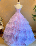 Spaghetti Strap Ball Gown Beaded Tulle Long Prom Dresses Lilac Quinceanera Dresses Sleeveless Sweet 16 Dress HZ1024