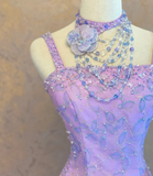 Spaghetti Strap Ball Gown Beaded Tulle Long Prom Dresses Lilac Quinceanera Dresses Sleeveless Sweet 16 Dress HZ1024
