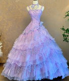 Spaghetti Strap Ball Gown Beaded Tulle Long Prom Dresses Lilac Quinceanera Dresses Sleeveless Sweet 16 Dress HZ1024