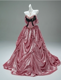 Off-the-shoulder A-Line Long Prom Dress Satin Applique Pink Quinceanera Dresses Sweet 16 Dress HZ1024