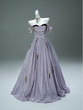 Off-the-shoulder A-Line Long Prom Dress Velvet Applique Lilac Formal Evening Dress Sweet 16 Dress HZ1024