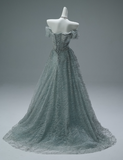 Off-the-shoulder A-Line Long Prom Dress Tulle Sequins Gray Green Formal Evening Dress Sweet 16 Dress HZ1024
