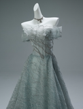 Off-the-shoulder A-Line Long Prom Dress Tulle Sequins Gray Green Formal Evening Dress Sweet 16 Dress HZ1024