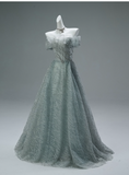 Off-the-shoulder A-Line Long Prom Dress Tulle Sequins Gray Green Formal Evening Dress Sweet 16 Dress HZ1024