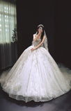 White Ball Gown Tulle Beaded Wedding Dress Straps Lace Applique Bridal Gown with Veil HZ1024