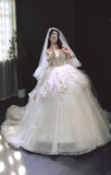 White Ball Gown Tulle Wedding Dress Off-the-shoulder Lace Applique Bridal Gown with Veil HZ1024