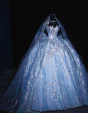 Strapless Ball Gown White Luxury Wedding Dress Elegant Tulle Sequin Sleeveless Bridal Dress HZ1024