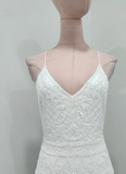 Spaghetti Strap Sheath Chiffon Beading Luxury Wedding Dresses, Elegant White Bridal Gowns HZ1024