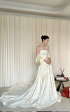 Strapless Sheath Satin Luxury Wedding Dresses, Sleeveless Light Champagne Train Bridal Gowns HZ1024