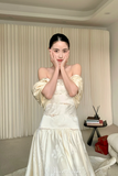 Strapless Sheath Satin Luxury Wedding Dresses, Sleeveless Light Champagne Train Bridal Gowns HZ1024