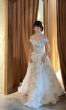 Off-the-shoulder Ball Gown with Tulle Appliques Luxury Wedding Dresses, Backless White Bridal Gowns HZ1024