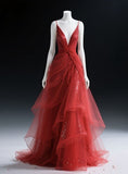 V-neck Sheath Tulle Long Prom Dresses, Red Burgundy Evening Dresses HZ1024