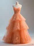 Sweetheart Neck Ball Gown Tulle Appliques Long Prom Dresses, Coral Quinceanera Dresses HZ1024