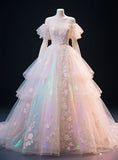 Off-the-Shoulder Ball Gown Tulle Appliqu¨¦ Long Prom Dresses, Sweet Quinceanera Dresses HZ1024