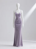 Spaghetti Strap Sheath Velvet Long Prom Dresses, Lavender Formal Evening Dresses HZ1024