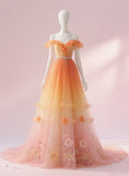 Off-the-shoulder A-Line Tulle Long Prom Dresses, Gradient Orange Formal Evening Dresses HZ1024