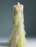 One-shoulder Mermaid Tulle Applique Long Prom Dresses, Yellow Sweet 16 Dress HZ1024