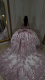 Off-the-shoulder Ball Gown Tulle Sequin Long Prom Dresses, Pink Quinceanera Dresses Sweet 16 Dress HZ1024