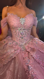 Off-the-shoulder Ball Gown Tulle Beading Long Prom Dresses, Pink Quinceanera Dresses Sweet 16 Dress HZ1024