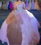 Off-the-shoulder Ball Gown Tulle Beading Long Prom Dresses, Pink Quinceanera Dresses Sweet 16 Dress HZ1024