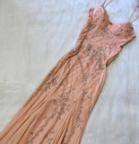 Spaghetti Strap Sheath Chiffon Beaded Long Prom Dresses, Peach Formal Evening Dresses HZ1024