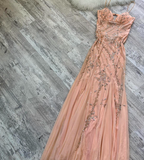Spaghetti Strap Sheath Chiffon Beaded Long Prom Dresses, Peach Formal Evening Dresses HZ1024