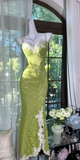 Spaghetti Strap Mermaid Lace Long Prom Dresses, Green Formal Evening Dresses HZ1024