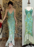 Spaghetti Straps Sheath Beaded Chiffon Long Prom Dresses??Gradient Blue Formal Evening Gowns HZ1024